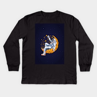 An astronaut sitting on the moon and catch stars Kids Long Sleeve T-Shirt